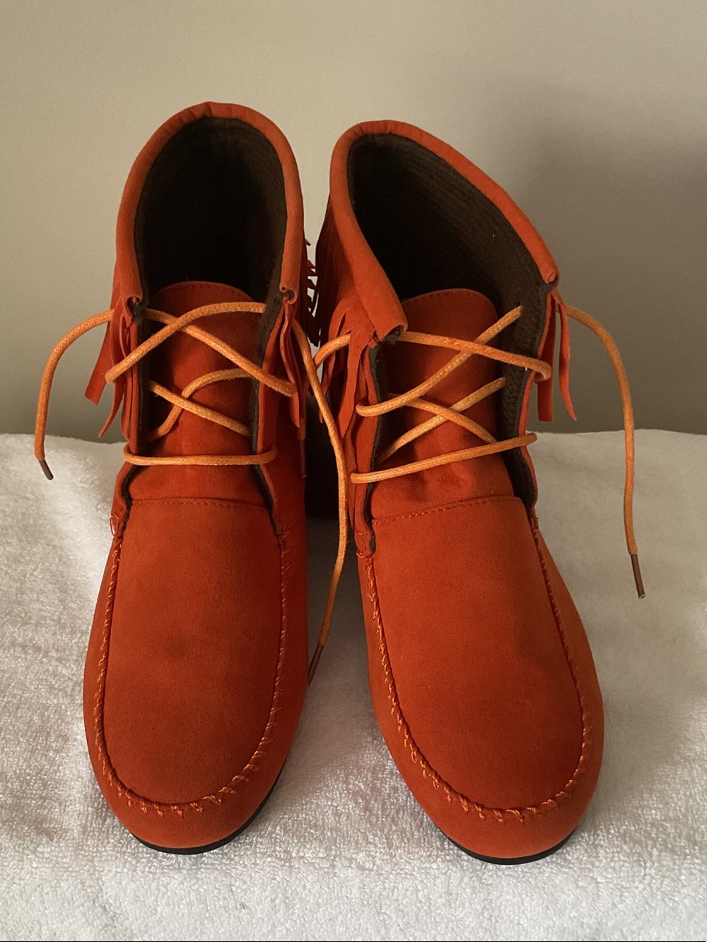 Traffic  Vibrant Orange Suede Fringe Moccasin Ankle Boots